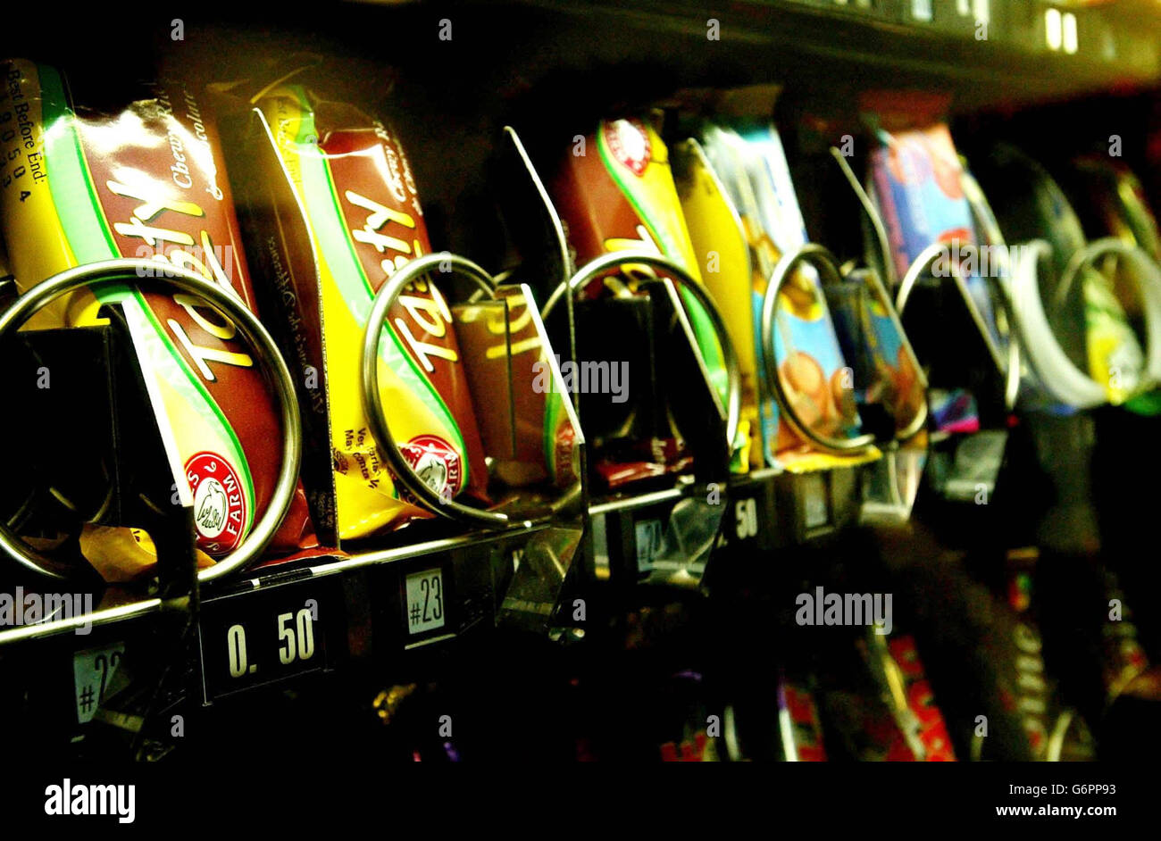 A sample of healthy option snacks available from the 'Green' vending machine which was installed at Queensbury Upper School in Dunstable, Bedfordshire. The 1,200 pupils at the school now have the choice of organic and natural drinks and snacks from the Green Machine which is the first of it's type in the country and aims to improve student nutrition and counter studies which have found that junk food and drinks have a negative effect on schoolchildren's behaviour and learning abilities. Stock Photo