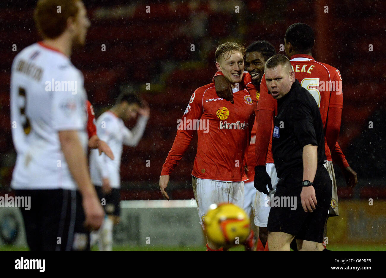 Crewe Alexandras' Ajay Leitch-Smith (left) celebrates scoring his teams ...