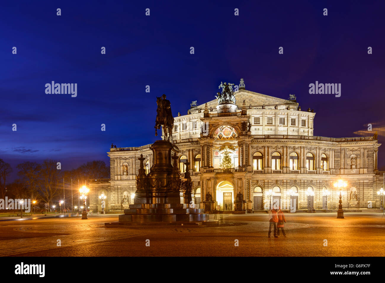 Semperoper with Panther Quadriga and Christmas tree with the front of it King - Johann - monument, Dresden, Germany, Sachsen, Sa Stock Photo
