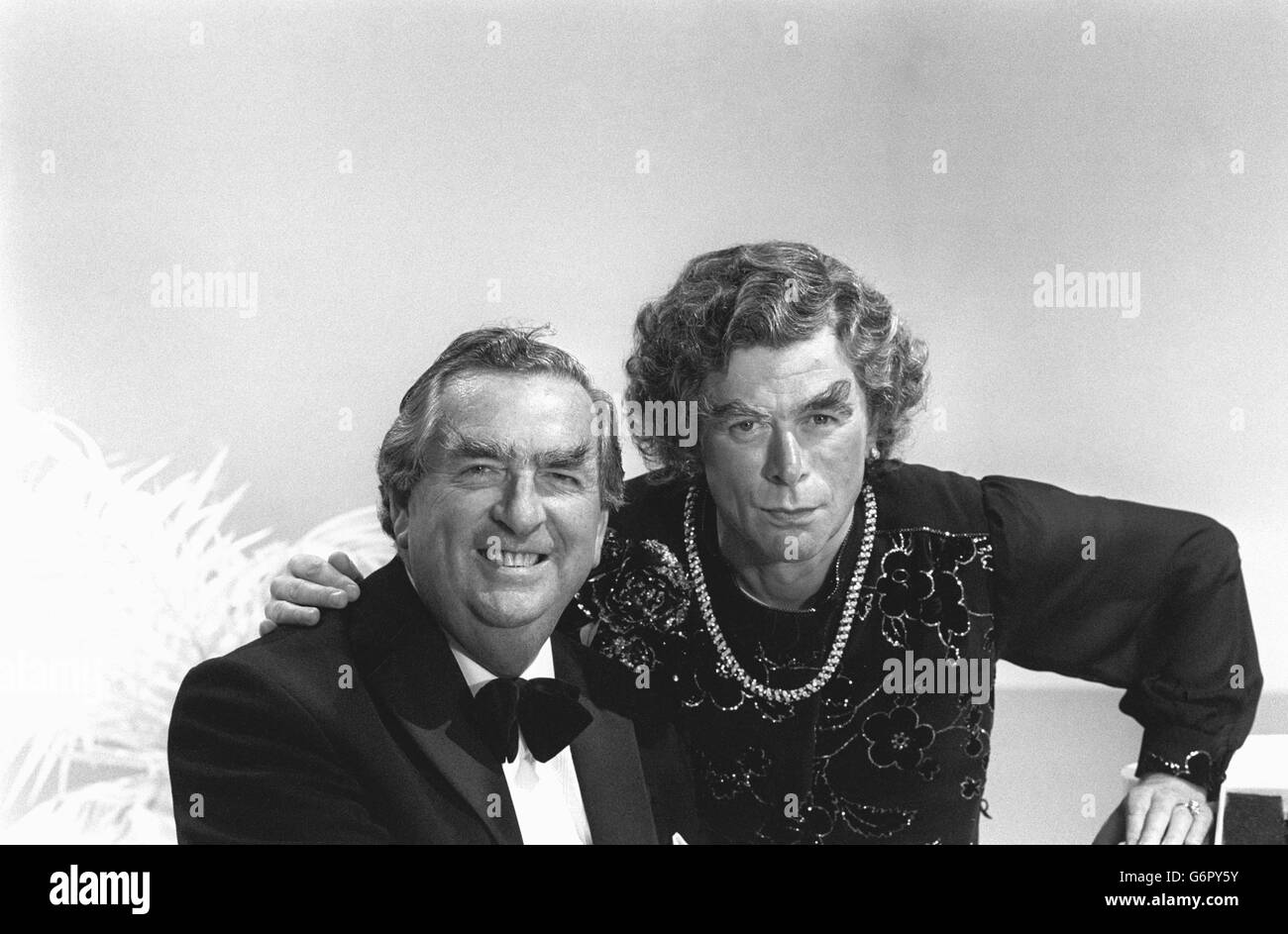 Former Chancellor Mr Denis Healey and his sister Denise - alias impressionist Mike Yardwood - in London today where they teamed up to record a sketch for a one hour Mike Yardwood Special which will be transmitted on ITV in the Autumn. Stock Photo