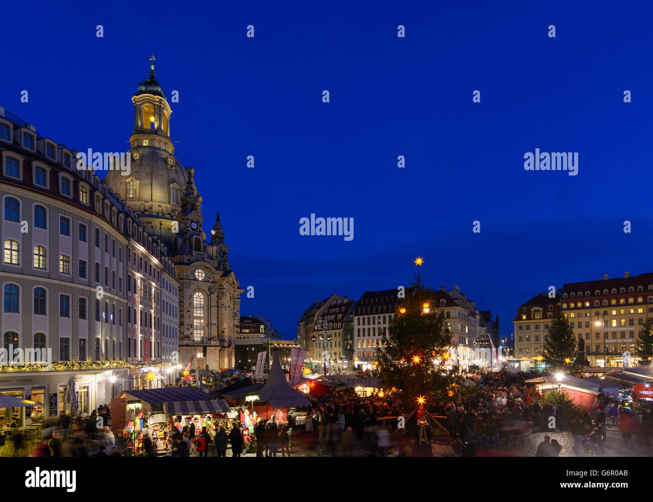 Christmas market on the Neumarkt , in the background the church Frauenkirche, Dresden, Germany, Sachsen, Saxony, Stock Photo