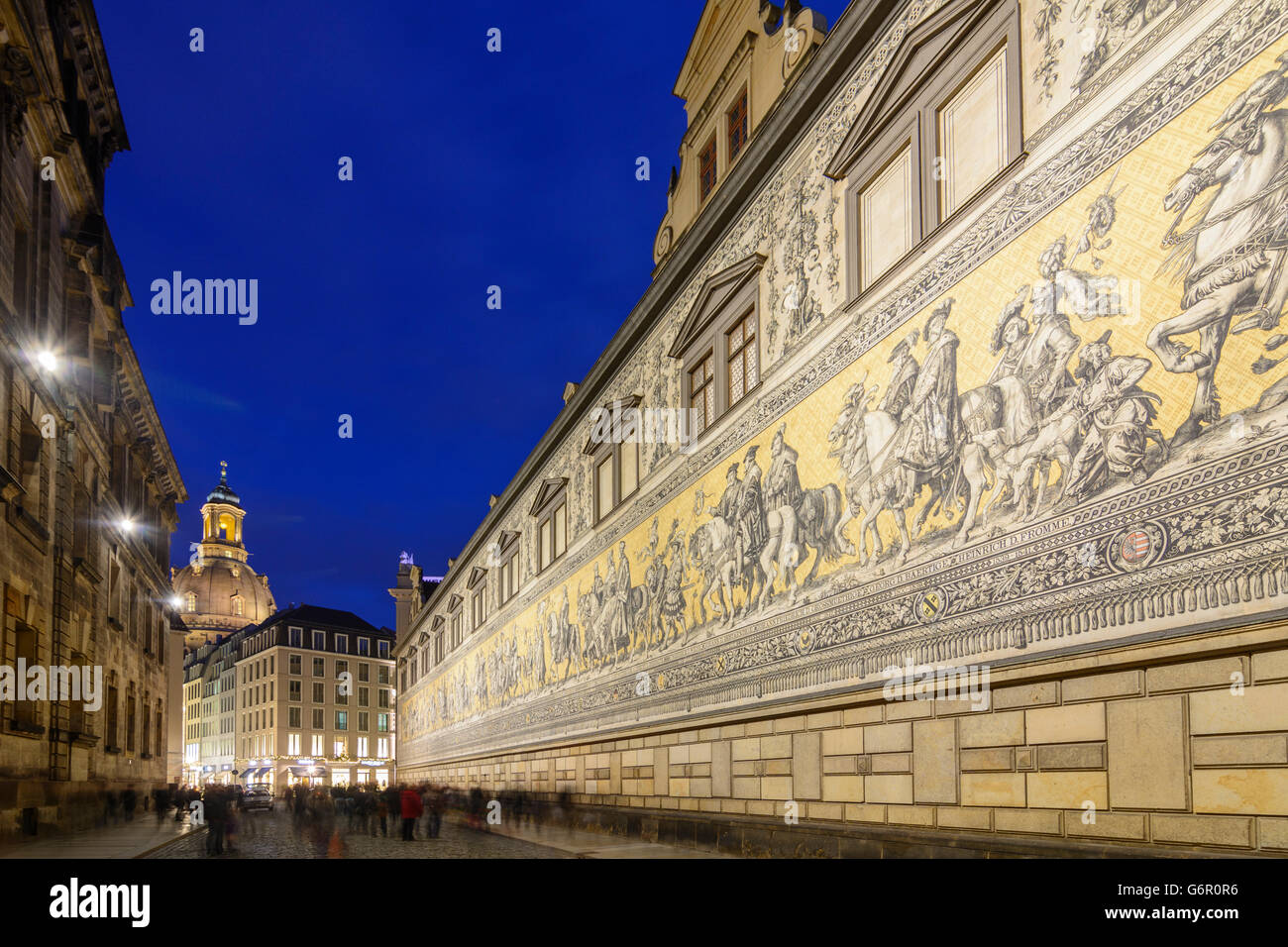 Fürstenzug Procession of Princes ( cavalcade , applied to around 23,000 tiles of Meissen porcelain ) , in the background the Fra Stock Photo
