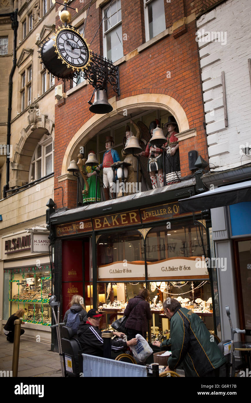 UK, Gloucestershire, Gloucester, Southgate Street, Baker’s jewellers, old father time clock figures Stock Photo