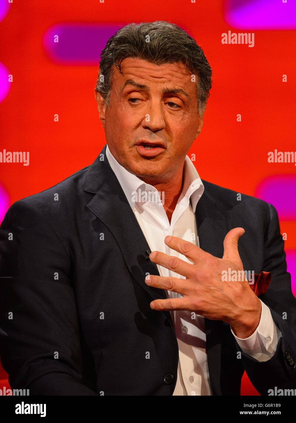 Sylvester Stallone during the filming of the Graham Norton Show at The London Studios, south London, to be aired on BBC One on Friday evening. Stock Photo