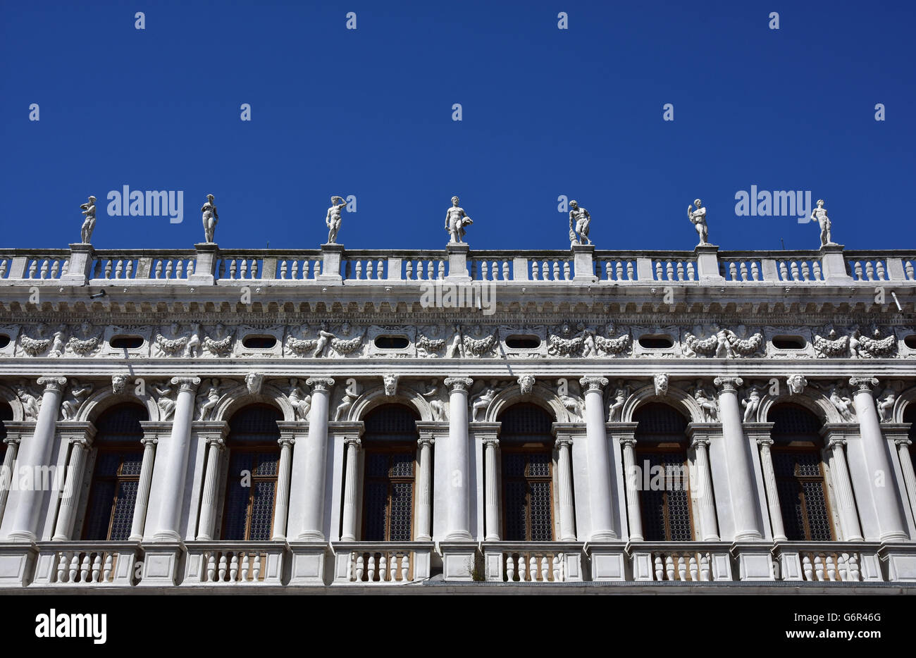 Beautiful monumental balustrade with statues designed by the famous renaissance architect Sansovino in the 16th century, in Sain Stock Photo