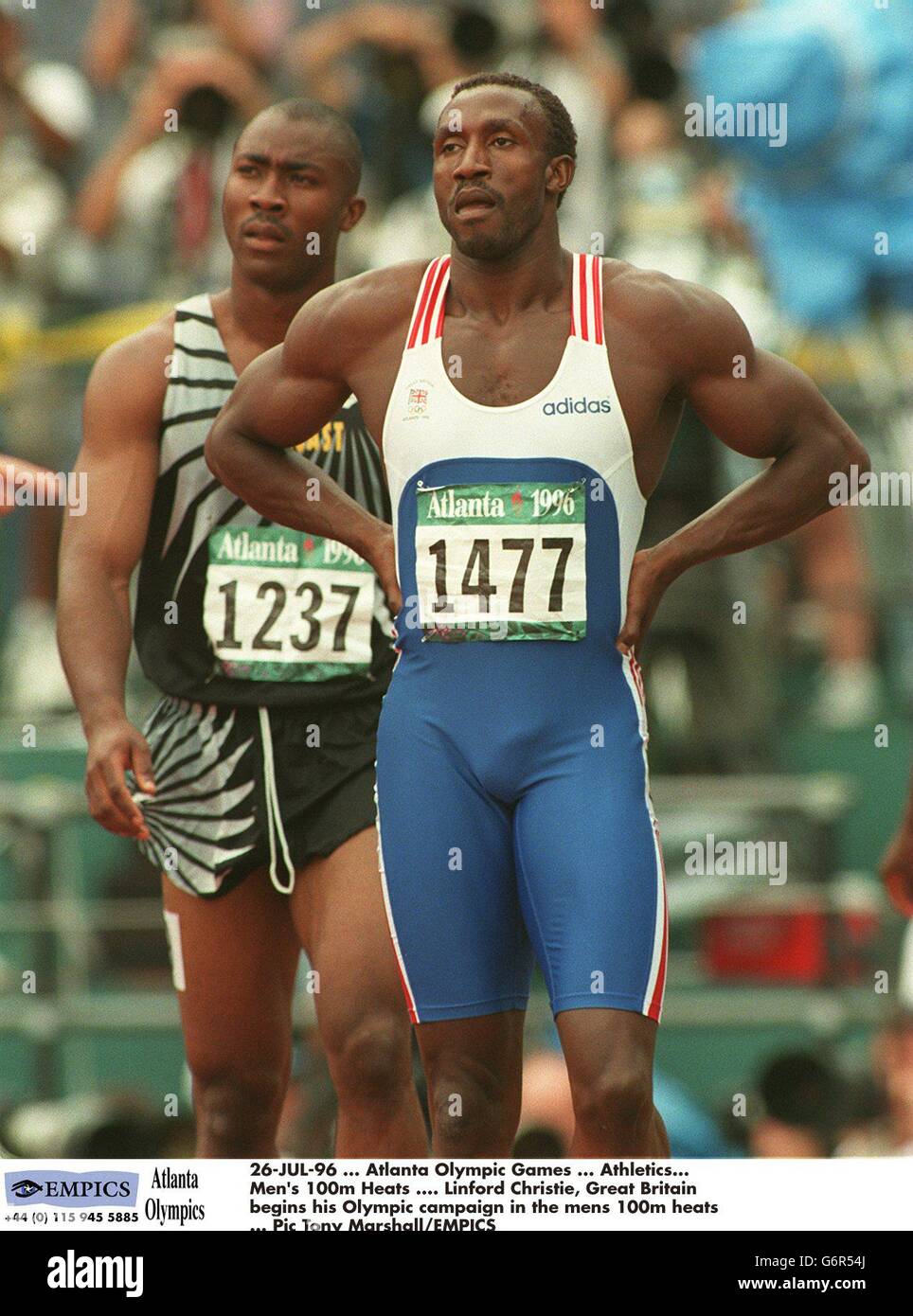 26-JUL-96, Atlanta Olympic Games, Athletics. Men's 100m Heats, Linford Christie, Great Britain begins his Olympic campaign in the mens 100m heats Stock Photo