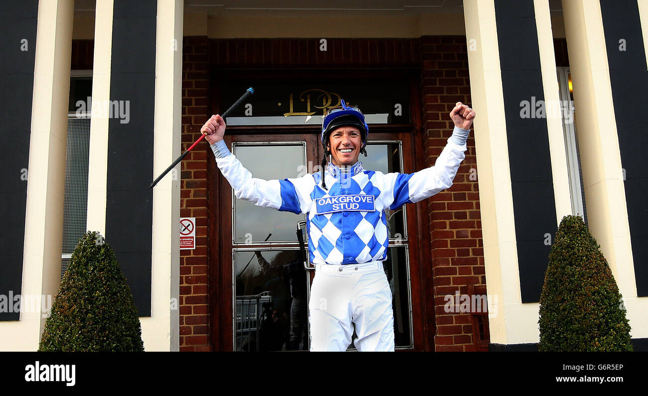 Horse Racing - Fast Track Qualifier Raceday - Lingfield Racecourse. Frankie Dettori poses for photographers prior to his first race back from injury at Lingfield Racecourse, Surrey. Stock Photo