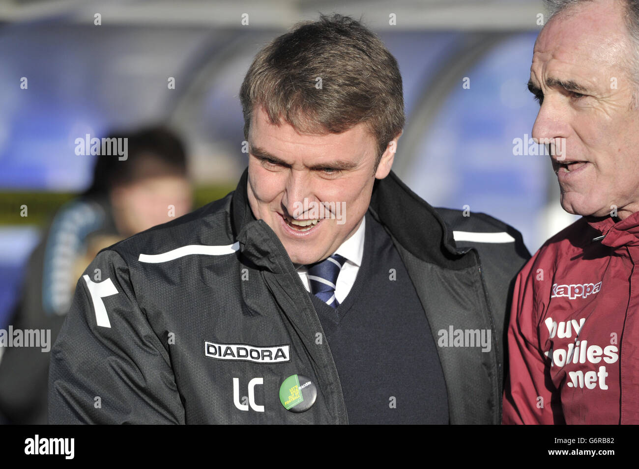 Birmingham City manager Lee Clark (left) and Derby County goalkeeping coach Eric Steele greet each other before kick-off Stock Photo