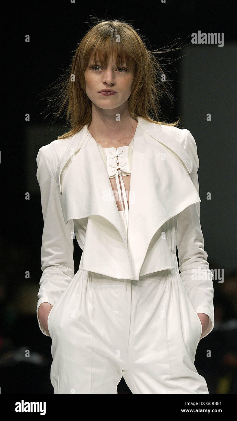 A model on the catwalk wearing designs by Annette Weisser, as part of the Central Saint Martins MA graduate fashion show during London Fashion Week at the BFC Tent, the Duke of York's Square in Chelsea, west London. Stock Photo
