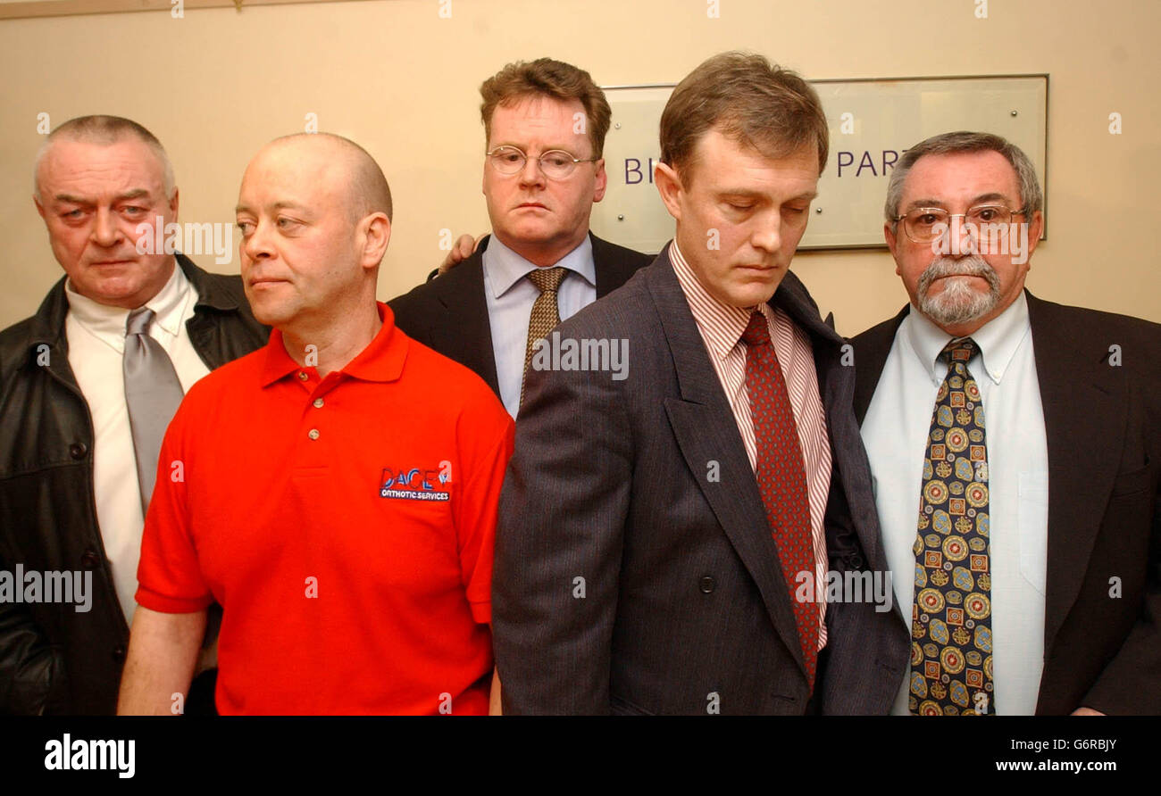 Former captives of the Saudi Authorities (L to R) James Cottle, James Lee, Sandy Mitchell, William Sampson and Les Walker, in reflective mood at a press conference in central London. Mr Mitchell was amongst a number of British expatriates held by the Saudi Authorities after a series of bomb attacks against British nationals in the Saudi capital. Stock Photo
