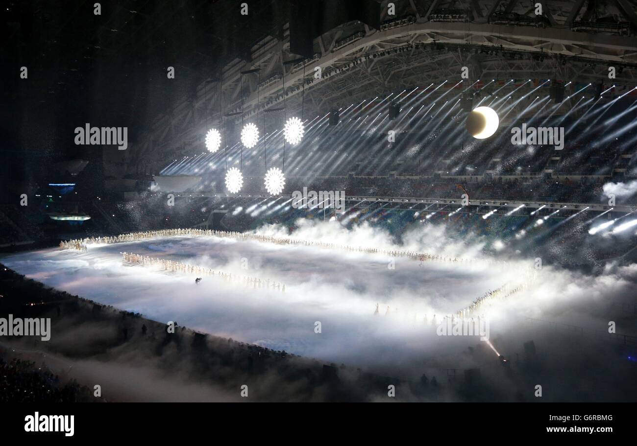 Snowflakes float to form the Olympic rings during the Opening Ceremony for the 2014 Sochi Olympic Games in Sochi, Russia. Stock Photo