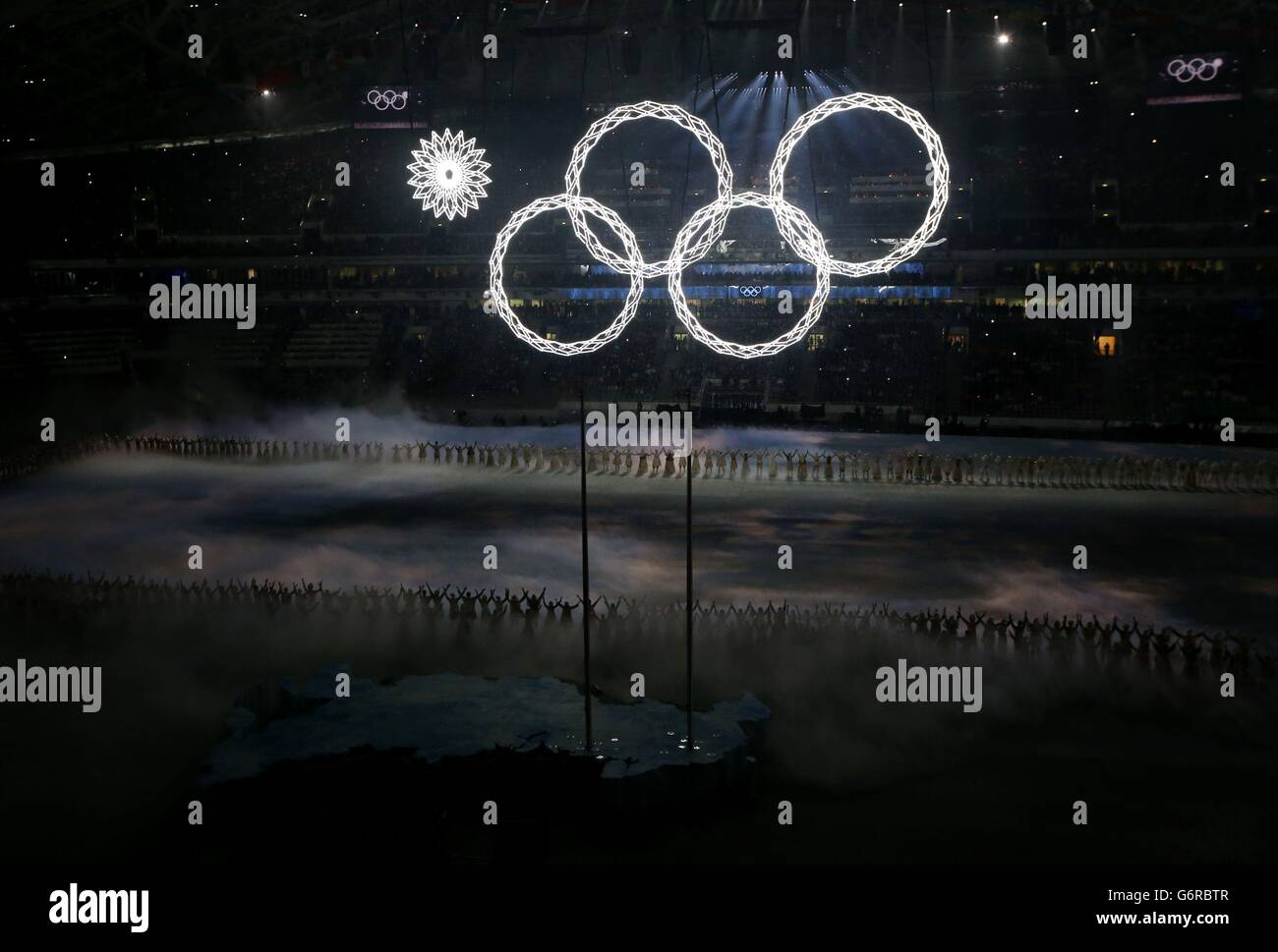 A view of The Olympic rings as one of them fails to open during the ...