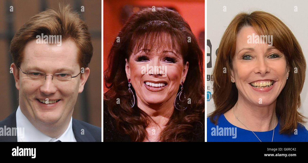 File photos of (from the left) Danny Alexander, Jackie Collins and Kay Burley. Stock Photo