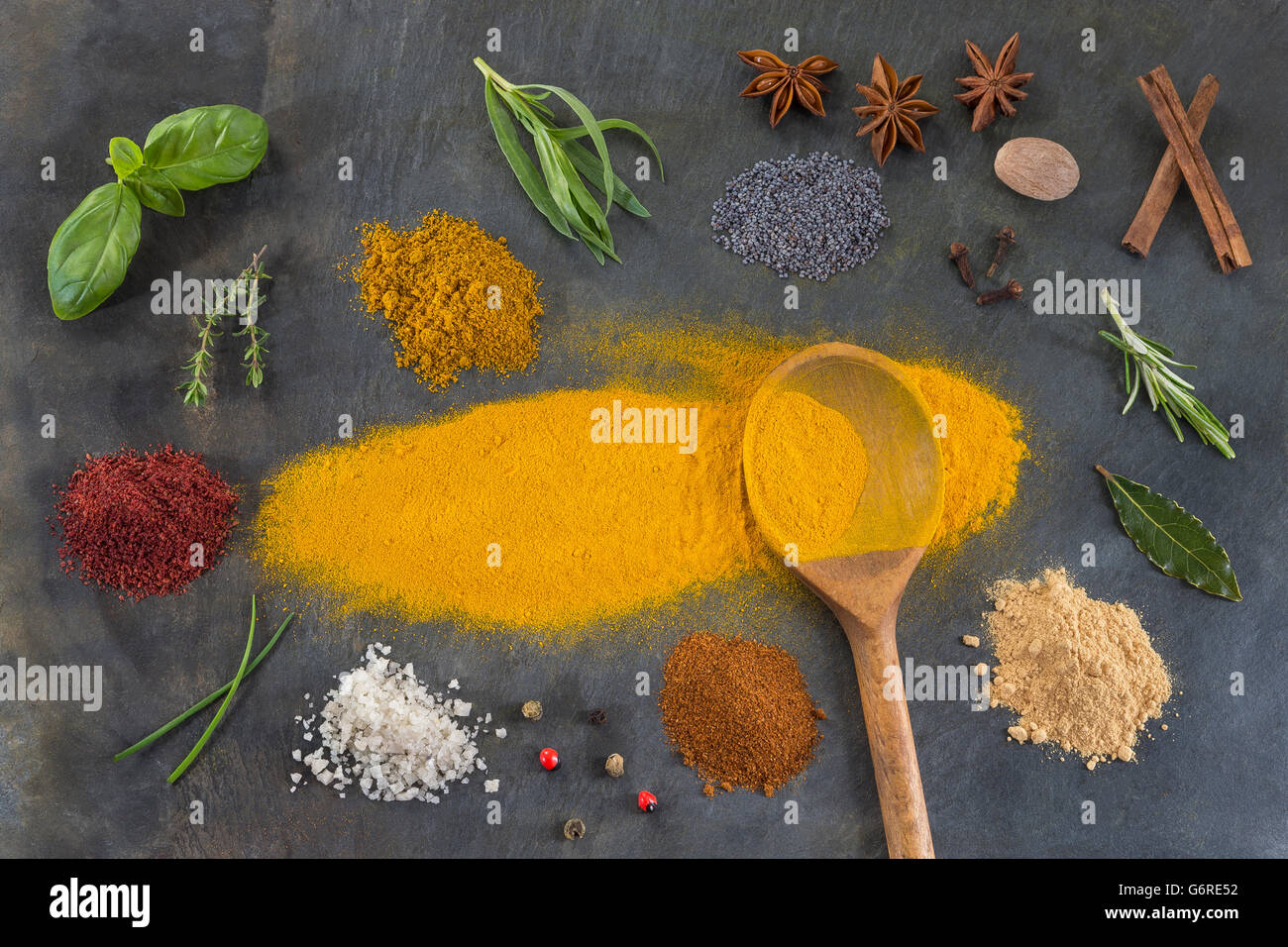 Spices Herbs And Spices Powder Selection On Slate Stock Photo Alamy