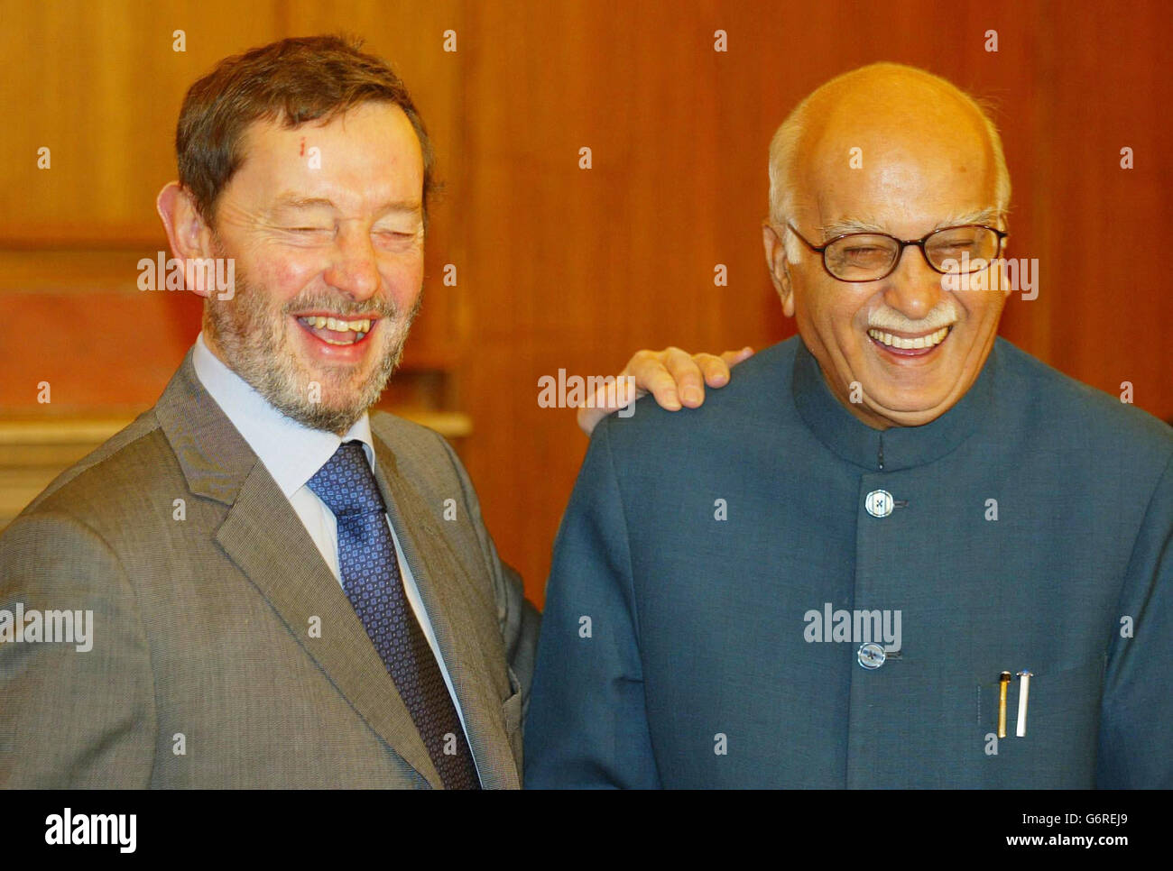 Home Secretary David Blunkett shares a joke with India's Deputy Prime Minister LK Advani at the Home Office in New Delhi. They later signed an agreement for the return of Indian Immigration offenders who disappear when they visit the UK. Stock Photo