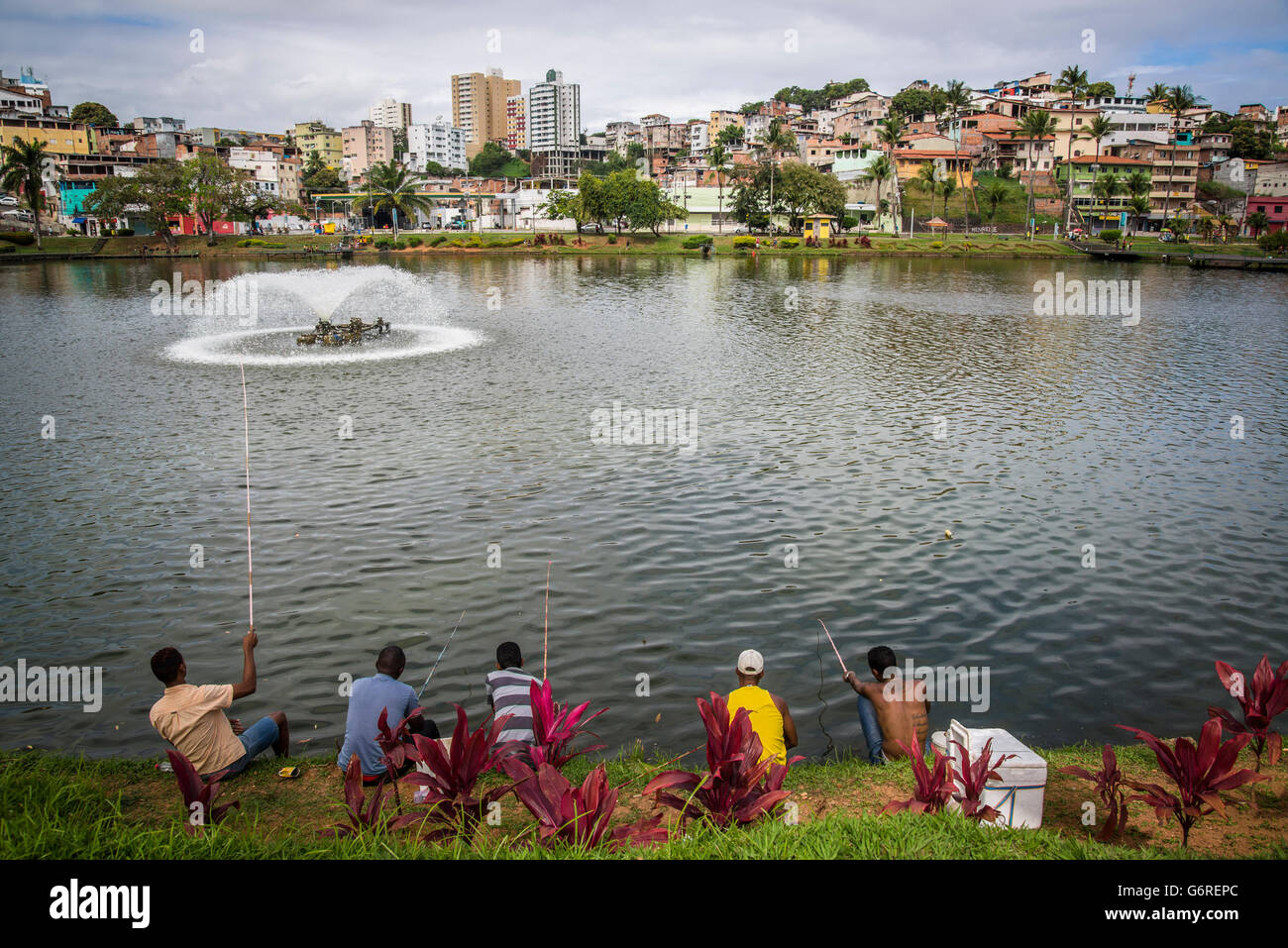 People angling at the lake Dique do Tororó, Salvador, Bahia, Brazil Stock Photo