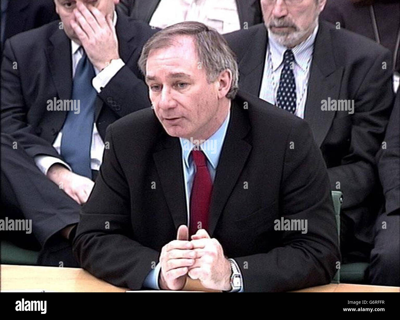 Defence Secretary Geoff Hoon appears in the Thatcher Room before the Commons Defence Select Committee, to be quizzed on the war against Iraq. Mr Hoon told MPs last night that he knew the 45-minute claim in the document referred only to short-range battlefield weapons, hours after Prime Minister Tony Blair had admitted he had no knowledge of what the claim referred to. Stock Photo
