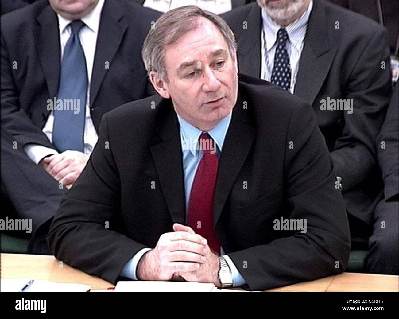 Defence Secretary Geoff Hoon appears in the Thatcher Room before the Commons Defence Select Committee, to be quizzed on the war against Iraq. Mr Hoon told MPs last night that he knew the 45-minute claim in the document referred only to short-range battlefield weapons, hours after Prime Minister Tony Blair had admitted he had no knowledge of what the claim referred to. Stock Photo