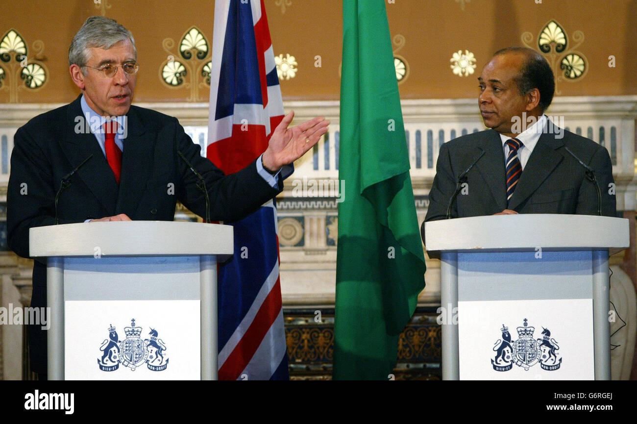 Foreign Secretary Jack Straw (L) alongside Libyan Foreign Minister Abdul Rahman Mohammed Shalgam, during a historic visit to Britain in more than 20 years. Following the talks in Downing Street, Mr Straw said the visit was 'tangible proof' of the improving relations between the two countries. Stock Photo