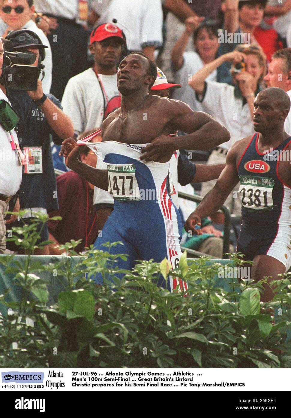 27-JUL-96. Atlanta Olympic Games. Athletics. Men's 100m Semi-Final. Great Britain's Linford Christie prepares for his Semi Final Race Stock Photo