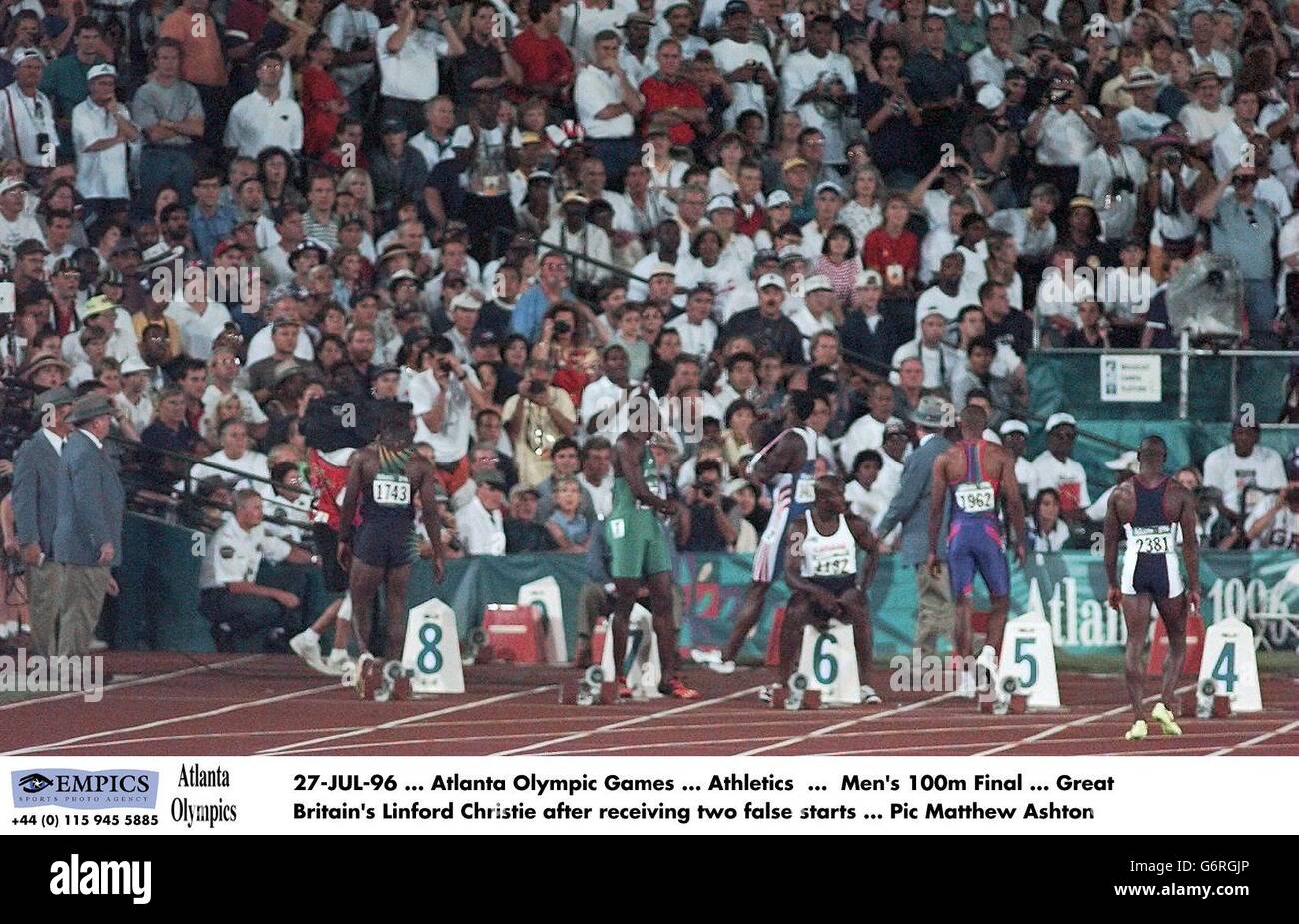 27-JUL-96 ... Atlanta Olympic Games ... Athletics ... Men's 100m Final ... Great Britain's Linford Christie after receiving two false starts Stock Photo
