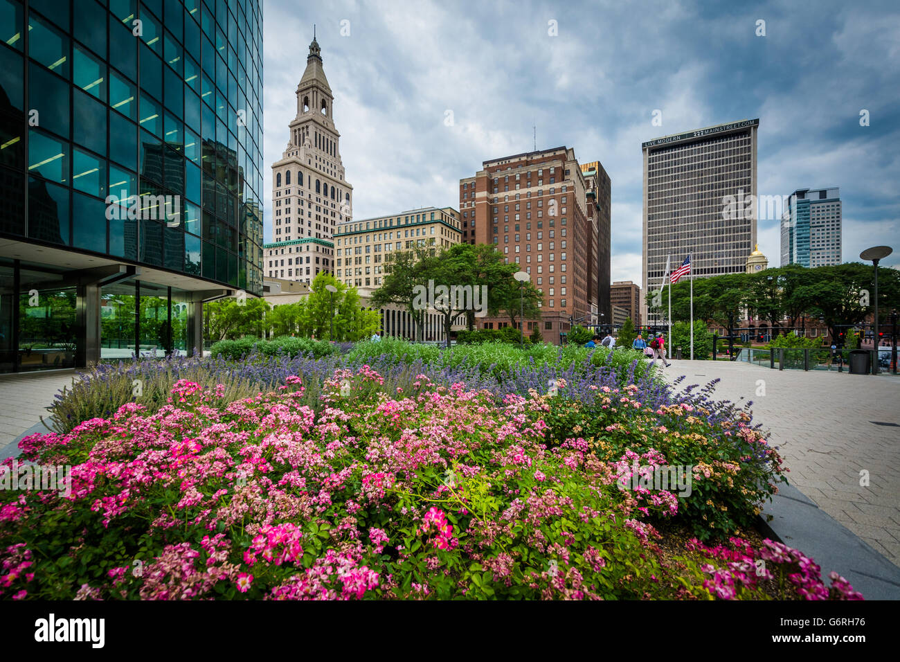 Gardens and buildings in downtown Hartford, Connecticut. Stock Photo