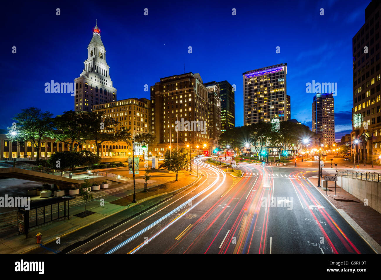 Pearl Street and modern buildings at night in downtown Hartford