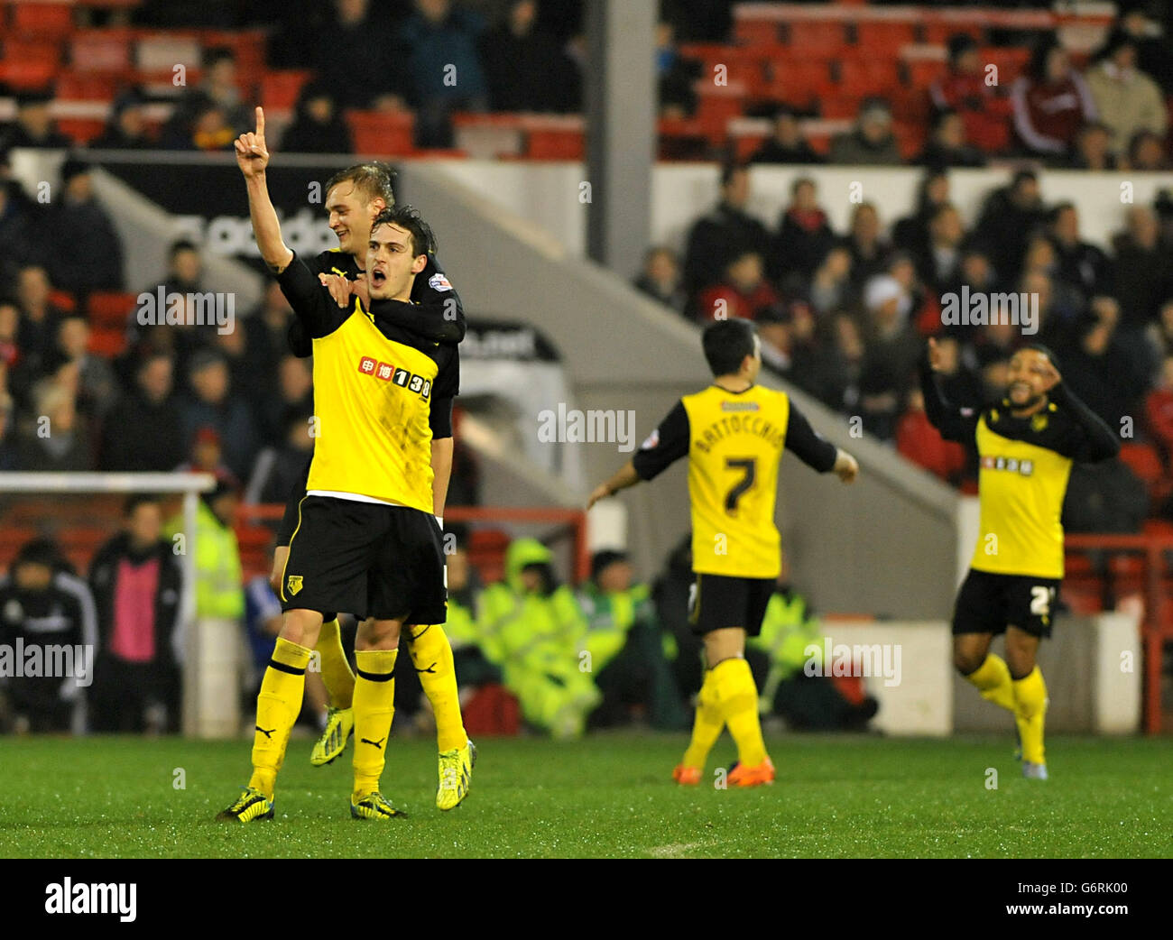 Soccer - Sky Bet Championship - Nottingham Forest v Watford - City Ground. Watford's Gabriele Angella (front left) celebrates scoring his sides first goal of the game Stock Photo