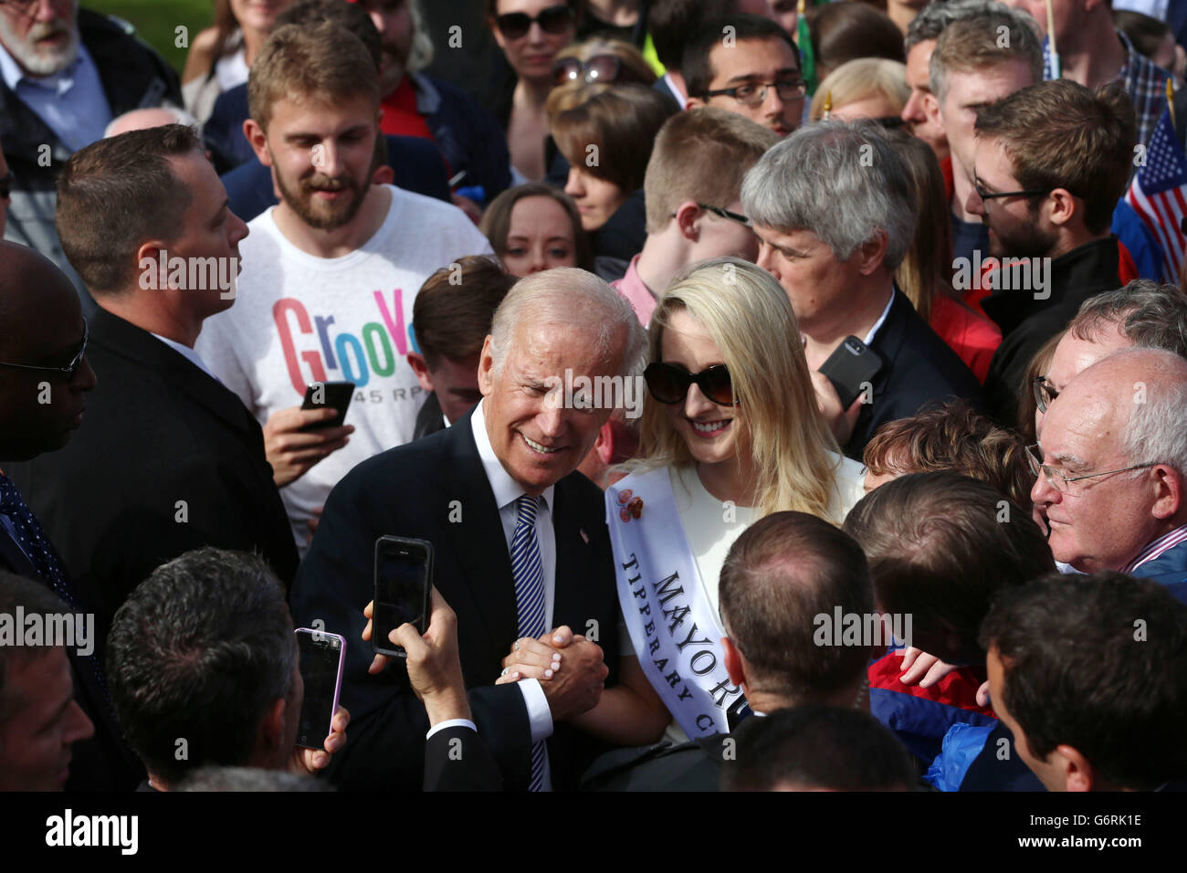 US vice-president Joe Biden greets crowd members after delivering a keynote speech in the grounds of Dublin Castle as part of his six-day visit to Ireland. Stock Photo
