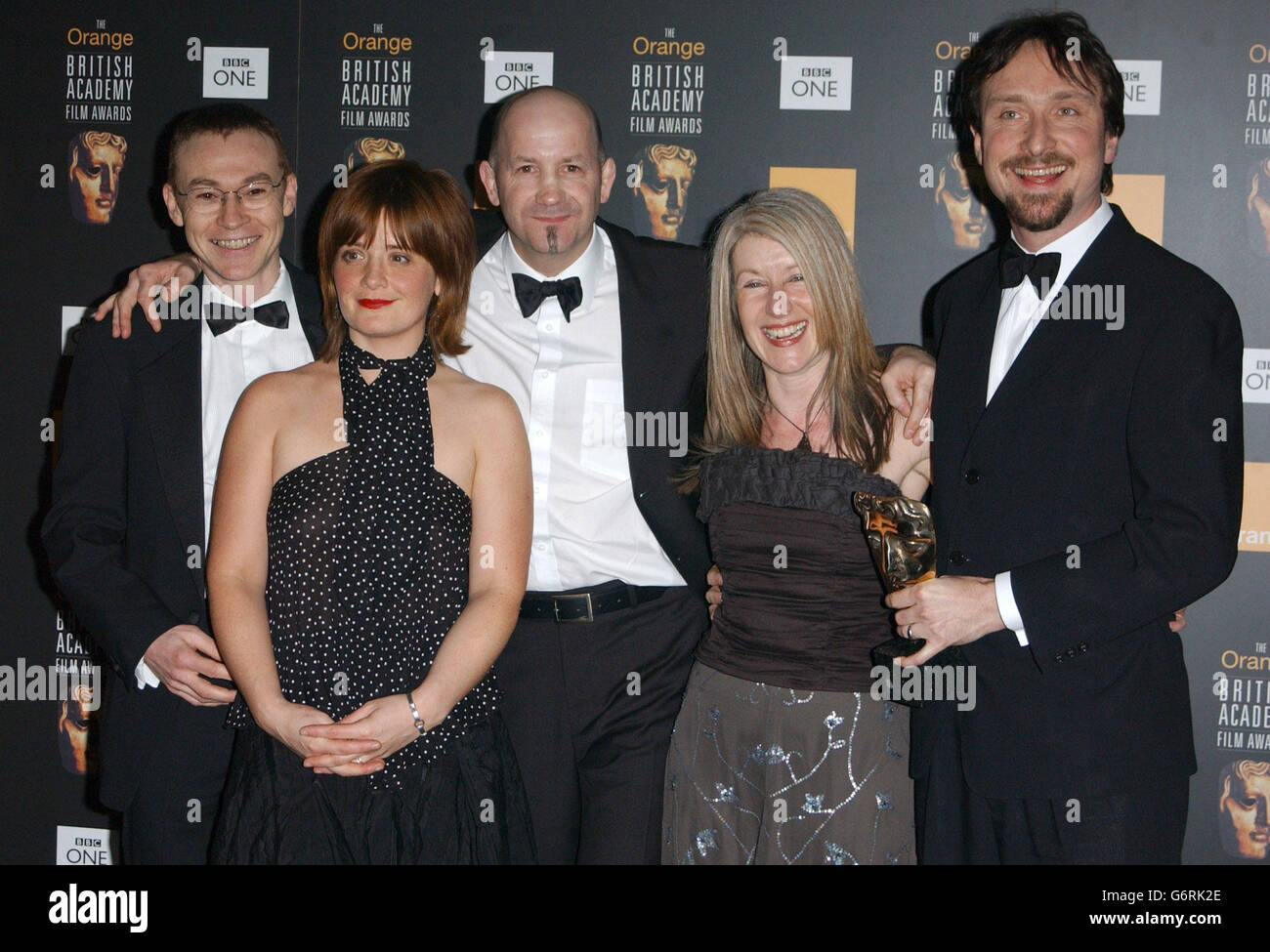 Best short film winners for Brown Paper Bag, left to right, Mark Leveson, Jo McInnes, Geoff Thompson, Natasha Carlish and Michael Baig Clifford during the Orange British Academy Film Awards at the Odeon Leicester Square in London. Stock Photo