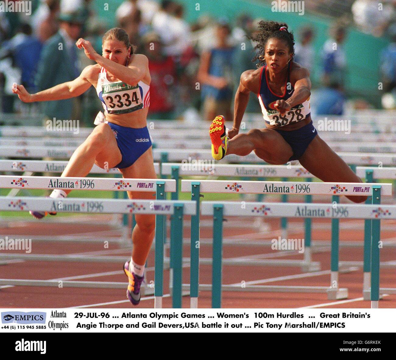 29-JUL-96. Atlanta Olympic Games. Women's 100m Hurdles. Great Britain's Angie Thorpe and Gail Devers,USA battle it out Stock Photo