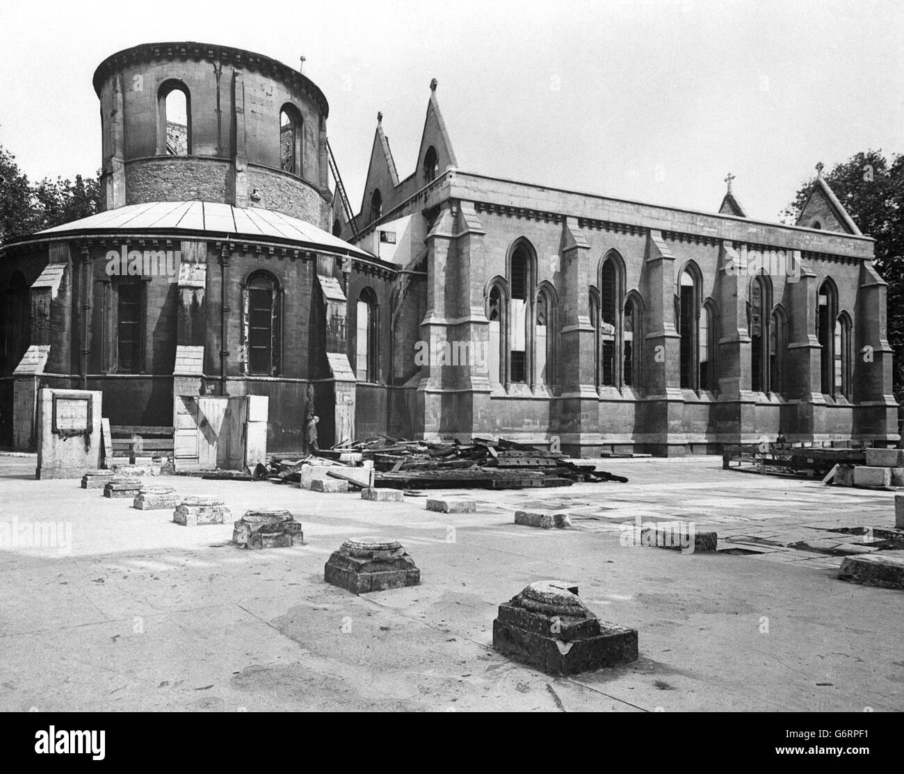 The exterior of Temple Church in London after the surrounding bombed damaged buildings had been cleaned up by demolition workers. Stock Photo