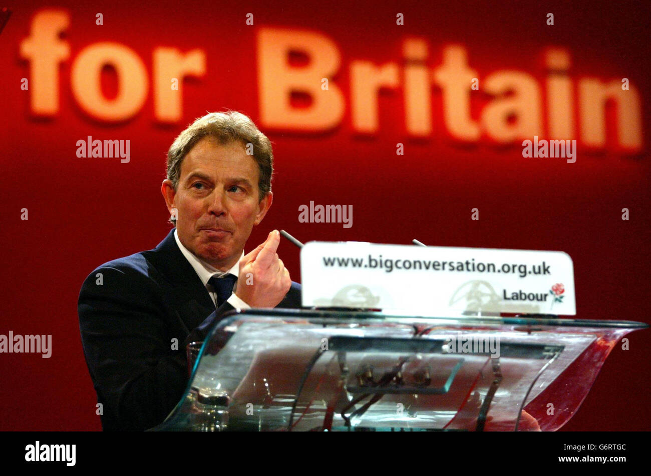 Prime Minister Tony Blair during his keynote speech on the second day of the Labour spring conference at the Manchester International Conference centre. Mr Blair acknowledged that today's conference, designed originally as a tub-thumping exercise ahead of local council and MEP elections in June, 'takes place under the shadow of events in Spain'. Stock Photo