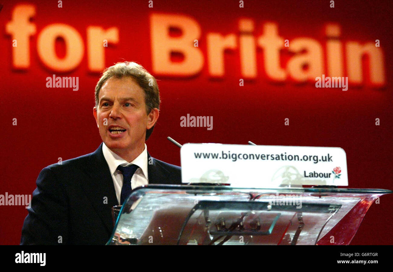 Prime Minister Tony Blair during his keynote speech on the second day of the Labour spring conference at the Manchester International Conference centre. Mr Blair acknowledged that today's conference, designed originally as a tub-thumping exercise ahead of local council and MEP elections in June, 'takes place under the shadow of events in Spain'. Stock Photo