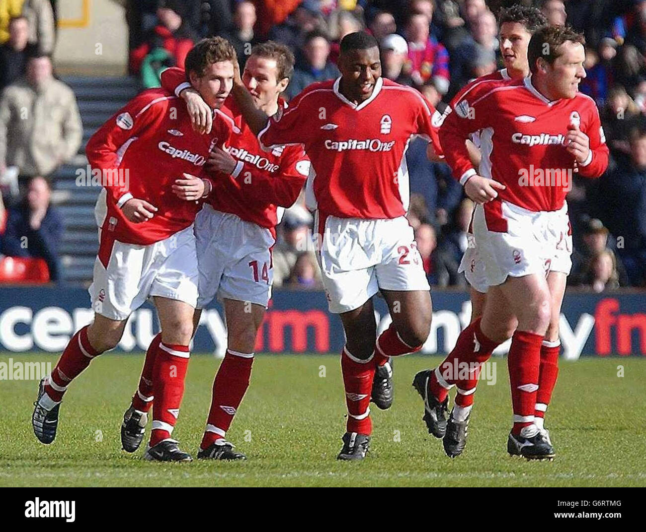 Nottingham Forest Gareth Williams is mobbed by team mates after he scored against Crysrtal Palace during the Nationwide Division One match at the City Ground, Nottingham. NO UNOFFICIAL CLUB WEBSITE USE. Stock Photo