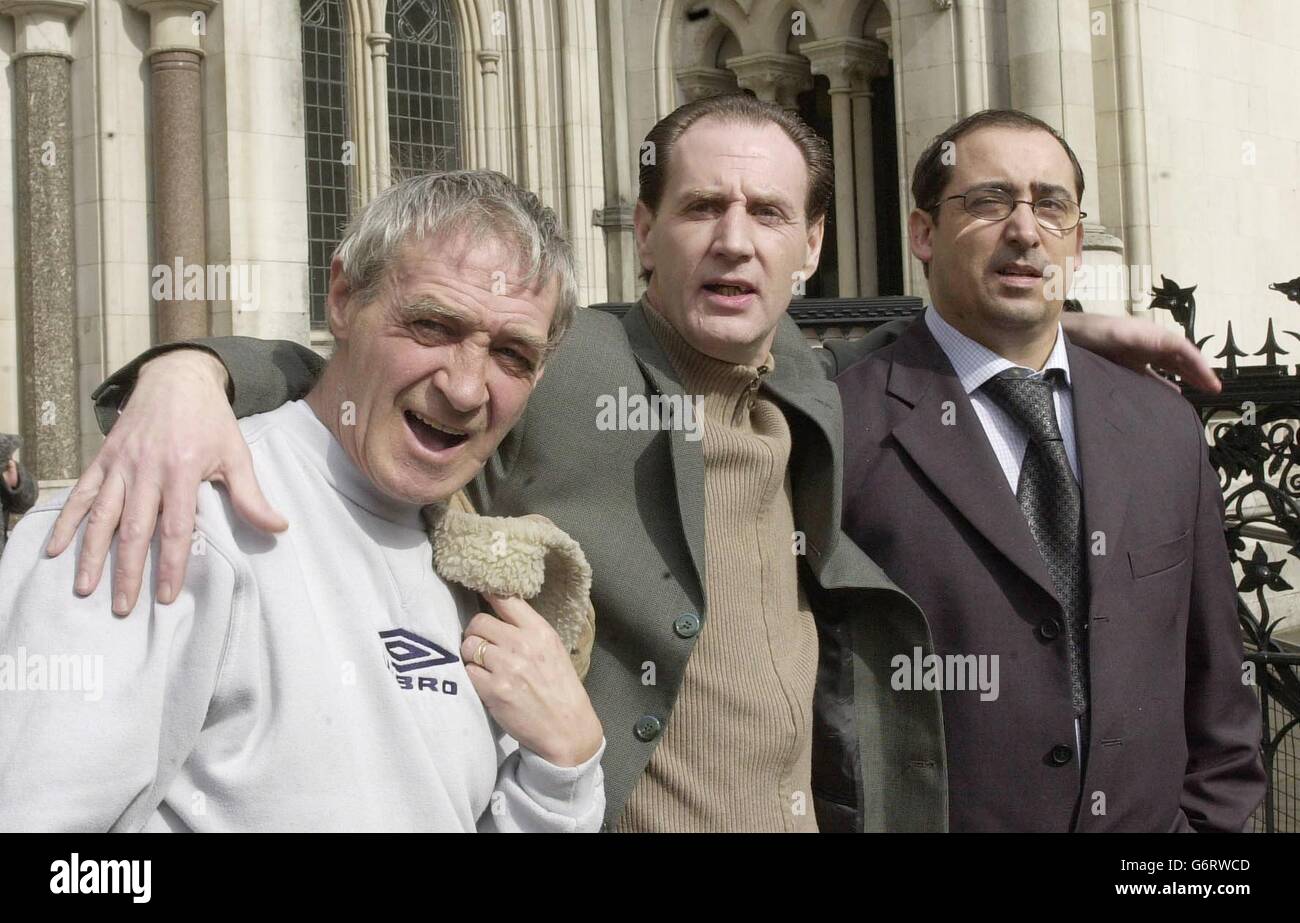 From left: Paddy Hill, Robert Brown with Michael O'Brien, at the High Court in London. A judge's ruling which increased compensation to two men wrongly convicted for the murder of paperboy Carl Bridgewater was being challenged in the Court of Appeal today. The assessor had awarded Michael Hickey, 42, a total of 990,000, his cousin Vincent Hickey, 49, 506,220 and Michael O'Brien 647,900. Paddy Hill,(who was wrongly jailed for the Birmingham Pub Bombing)and Robert Brown ( who had his murder conviction quashed after spending 25 years in jail) are stood with O'Brien to show their support. Stock Photo