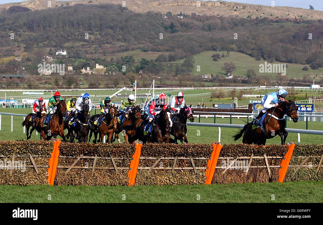 Hardy Eustace and jockey Connor O'Dwyer lead the field in front of the stands first time and stay on to win the Smurfit Champion Hurde at Cheltenham. Stock Photo