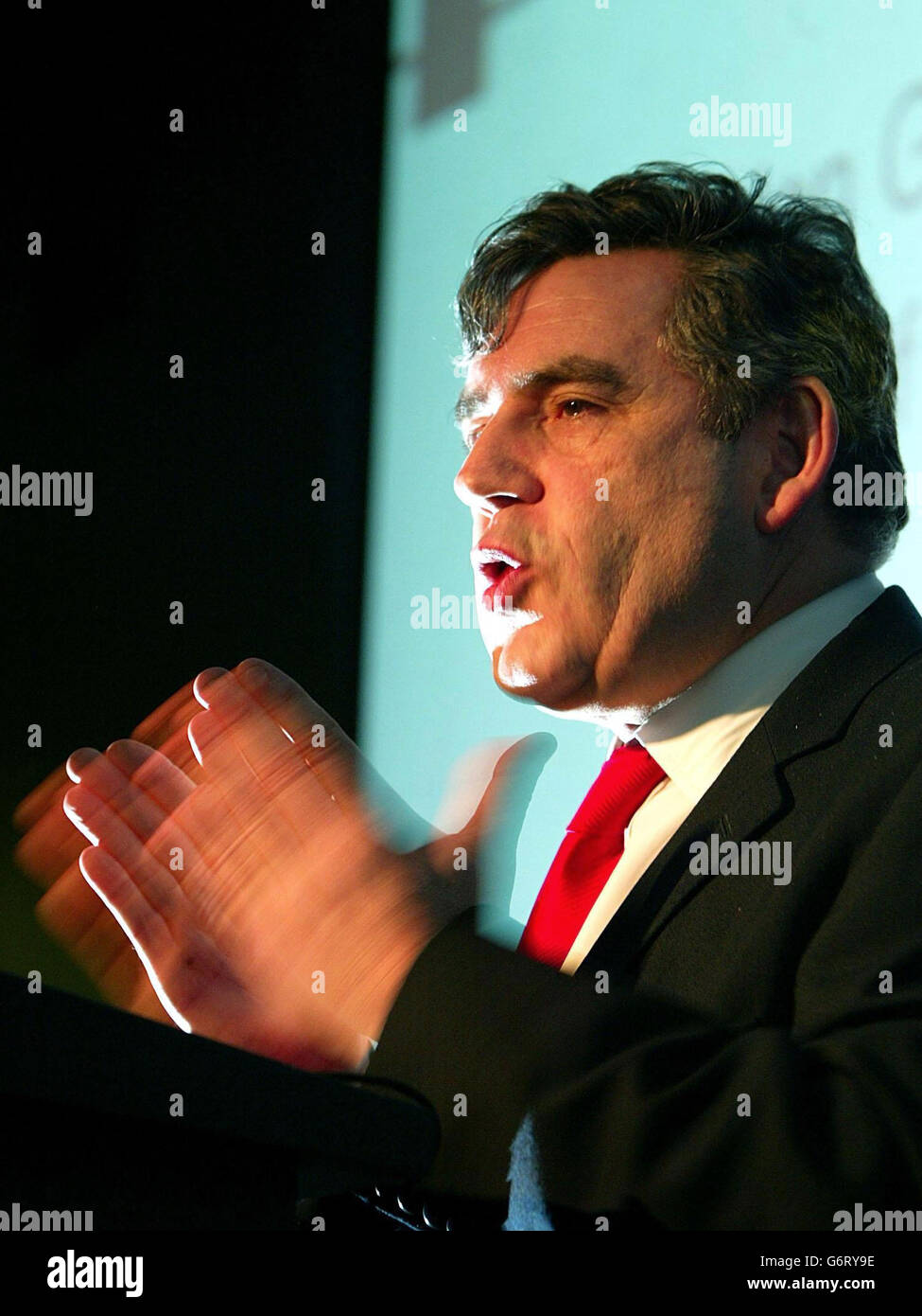 Britain's Chancellor of the Exchequer Gordon Brown makes a keynote speech at the Making Globalisation Work For All conference in London. Mr Brown made a passionate appeal on behalf of people living on the 'knife's edge' of existence as he outlined his plans to double the amount of development aid the world's richest countries give to the poorest. Stock Photo
