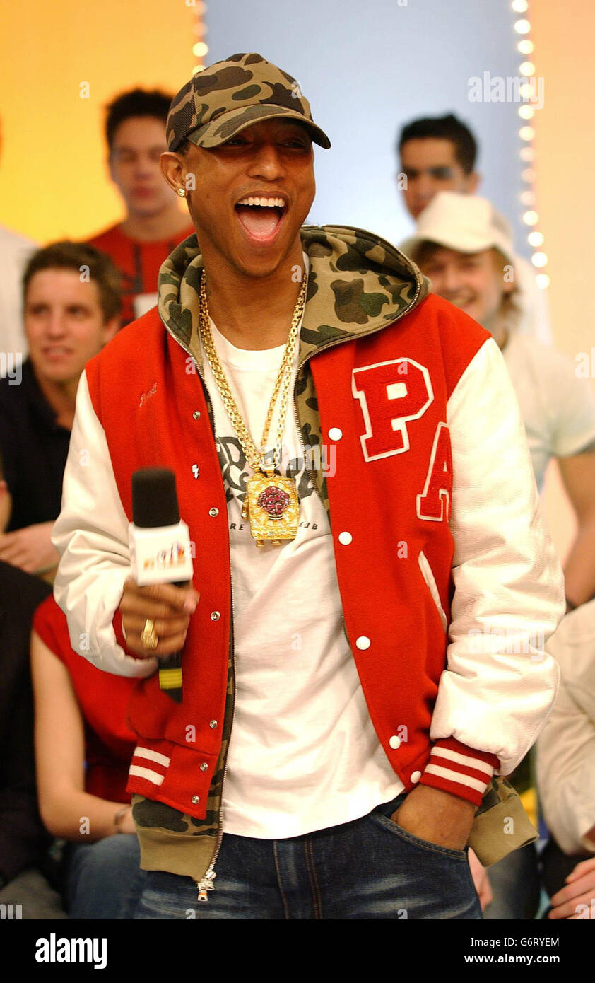 Pharrell Williams from band N.E.R.D during their guest appearance on MTV's TRL UK, at the MTV Studios in Camden, north London. Stock Photo