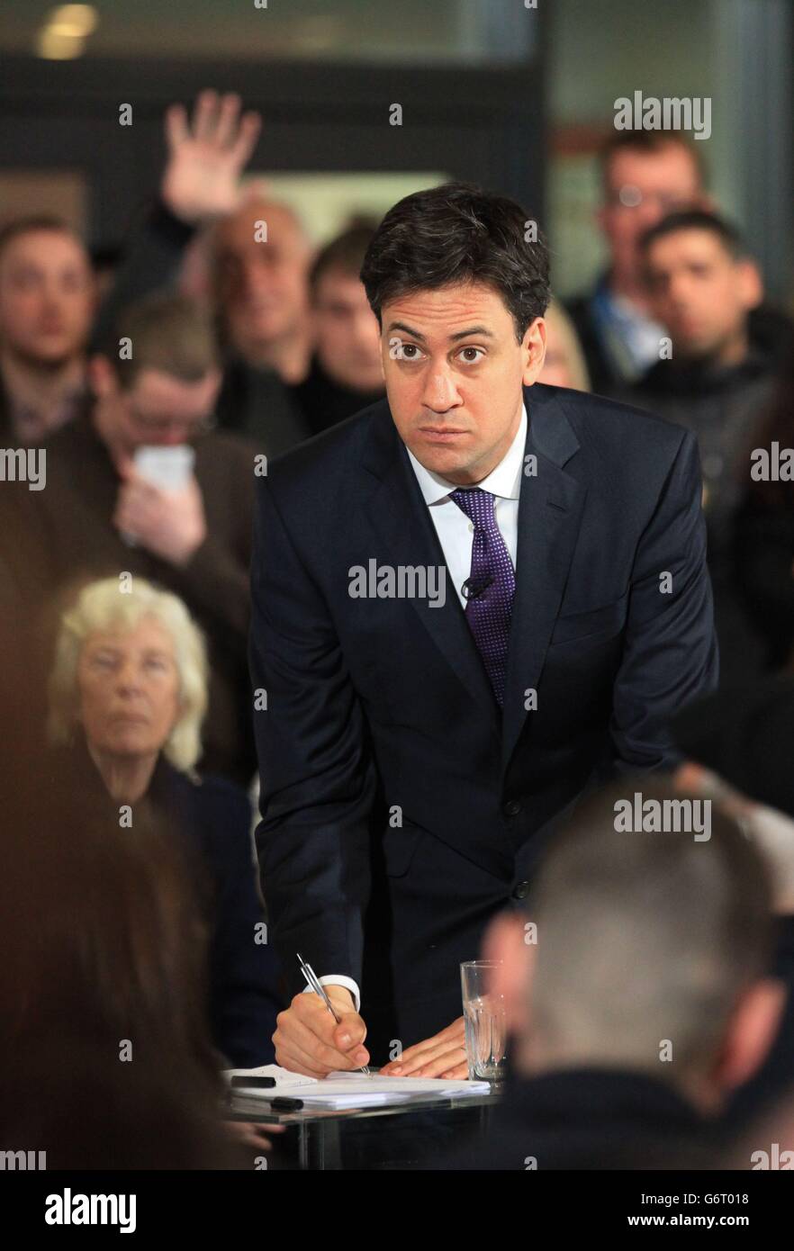 Labour Leader Ed Miliband delivers a speech at the Forum in Wythenshawe, Cheshire, as he joins the campaign trail for the Wythenshawe and Sale East by-election that's taking place on February 13. Stock Photo