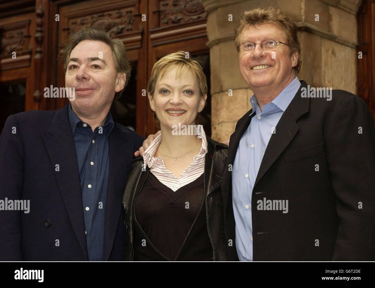 Andrew Lloyd Webber (left) with the two stars of his new musical 'The Woman in White', Maria Friedman and Michael Crawford, during a photocall at The Palace Theatre on Shaftsbury Avenue in central London. The Woman in White, directed by Trevor Nunn will open in the West End at the Palace Theatre on September 15. Stock Photo