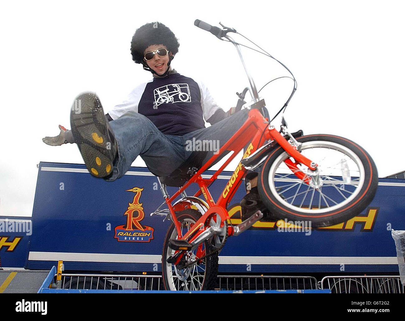 Stunt rider Ian Druimmond of Sunderland puts a Mk 3 Raleigh Chopper bike through its paces at the launch of the new model in Nottingham. Raleigh, based in Nottinghamshire halted production of the Chopper model in 1984 but the product later built up a cult following. Prompted by enthusiasts Raleigh spent nine months drawing up designs for a third model Chopper which retains almost all the quirky features of the original. Stock Photo