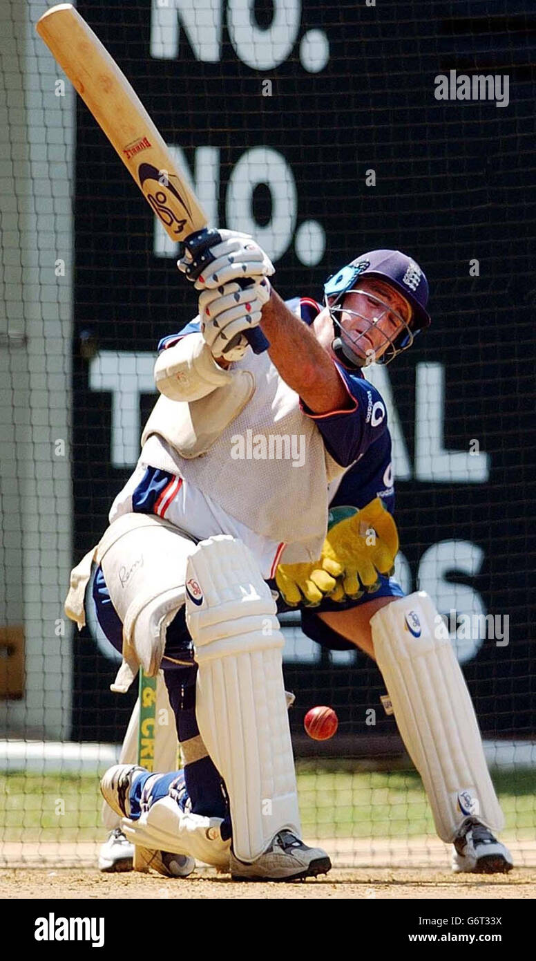England's Graham Thorpe in action during a net session at Sabina Park, Kingston, Jamaica, Saturday February 28, 2004. England prepare ahead of their Test and One Day International series against the West Indies. Stock Photo