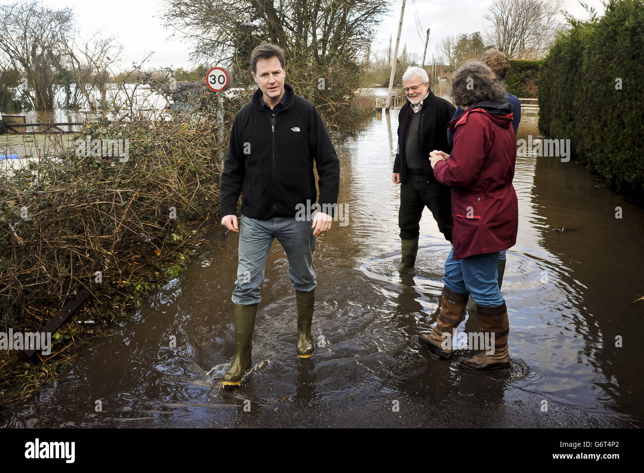 Deputy Prime Minister Nick Clegg visits the flooding sites at Burrowbridge, Somerset. Stock Photo