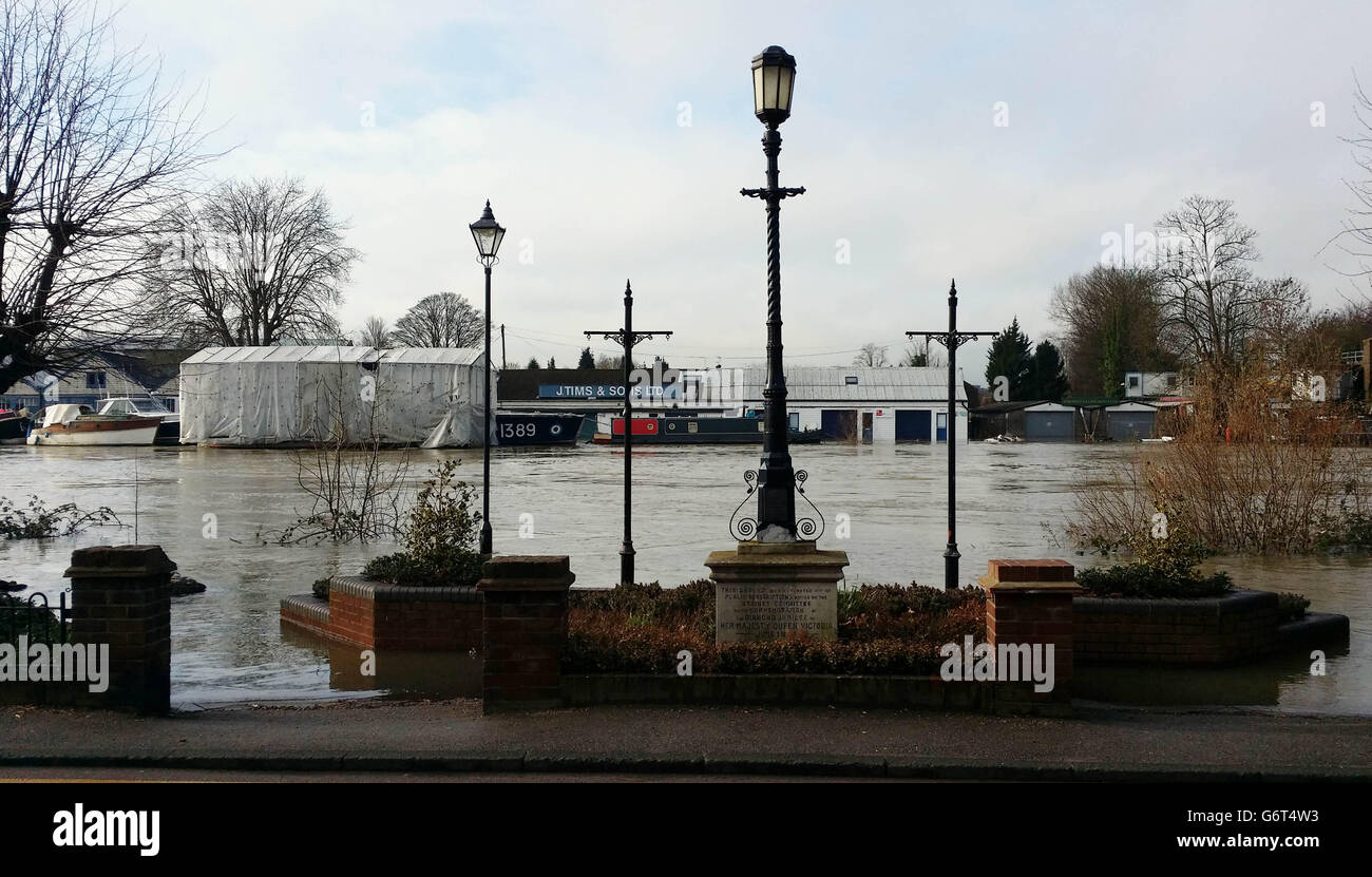 A flooded River Thames at Staines, Surrey as the bad weather continues