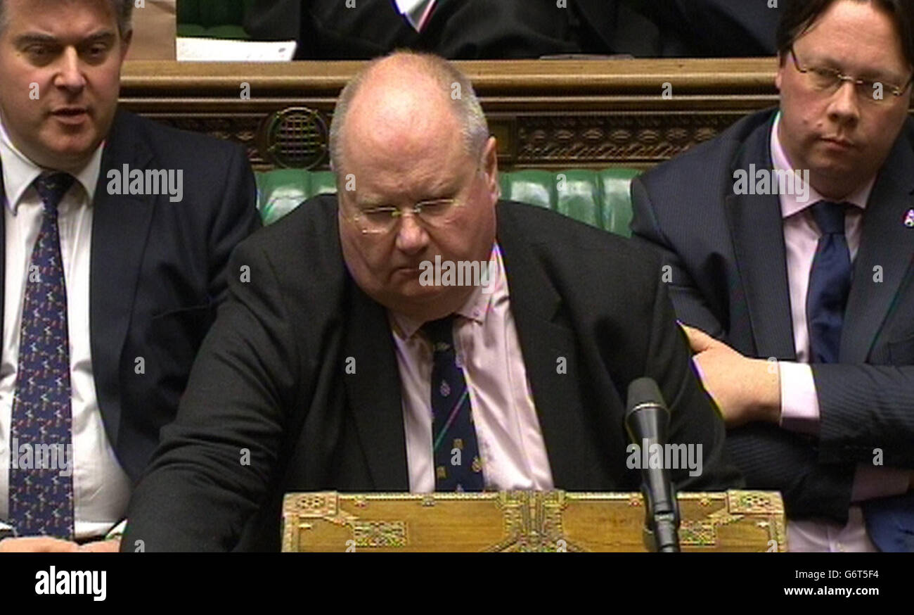 Communities Secretary Eric Pickles, answers an urgent question on the Government's response to the weather crisis, tabled by Labour in the House of Commons, London. Stock Photo