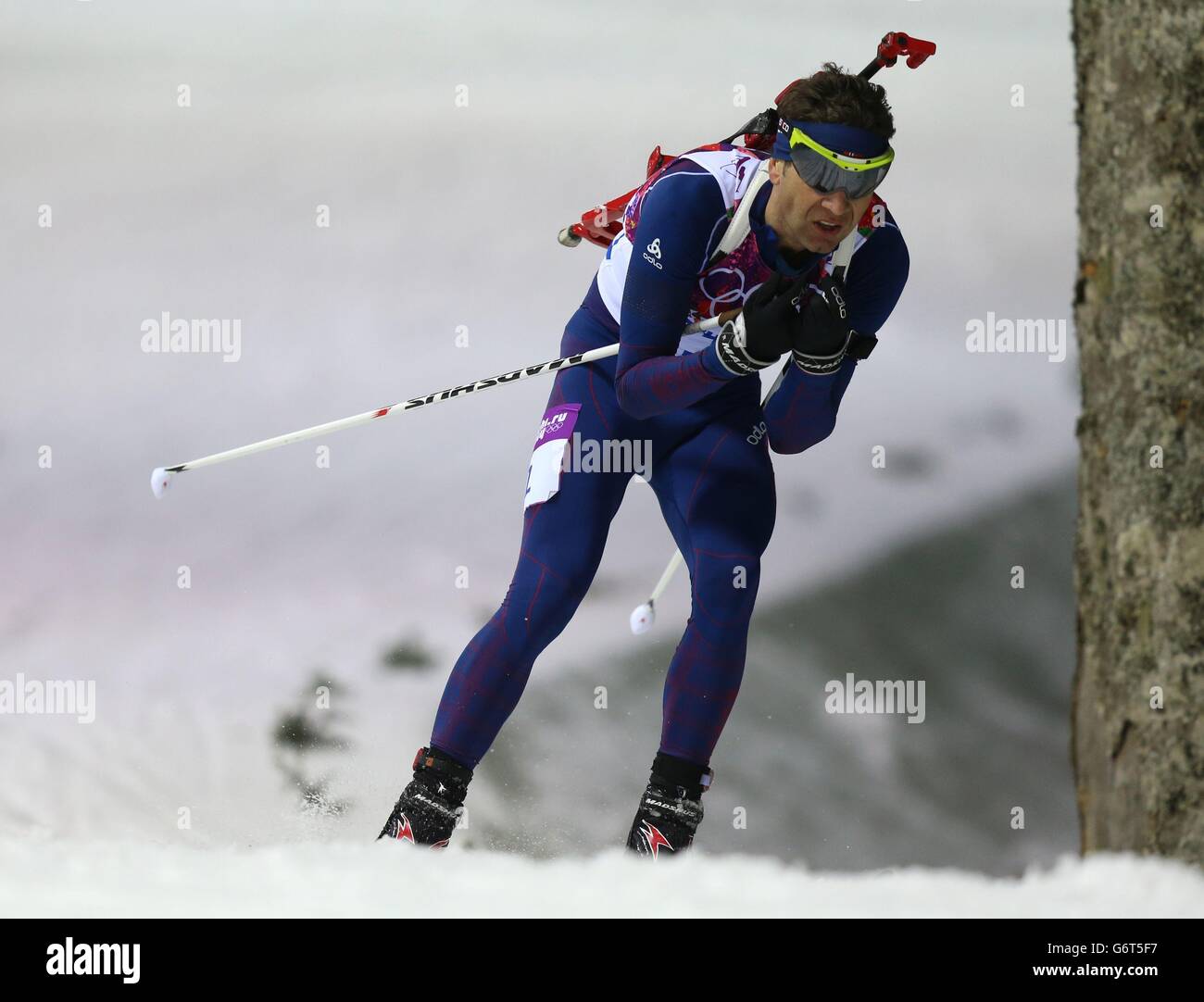 Norway's Ole Einar Bjoerndalen in the Biathlon Men's 12.5km Pursuit at The Laura Cross-Country and Biathlon Centre during the 2014 Sochi Olympic Games in Krasnaya Polyana, Russia. Stock Photo