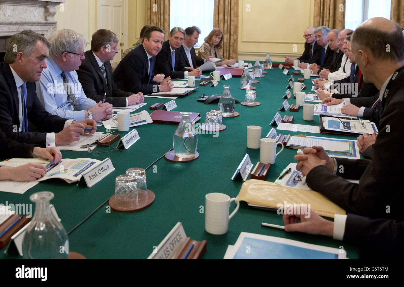 Prime Minister David Cameron speaks as he chairs the Government's Cobra emergency meeting at 10 Downing Street in central London as much of the country is bracing itself for more extreme weather that has caused extensive flooding across southern England. Stock Photo