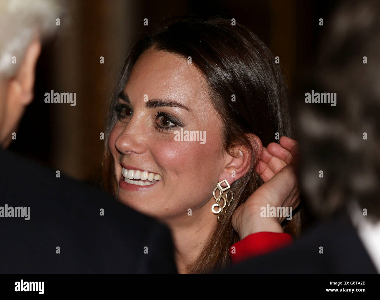 The Duchess of Cambridge meeting guests during a Reception for the Dramatic Arts, at Buckingham Palace, London. Stock Photo