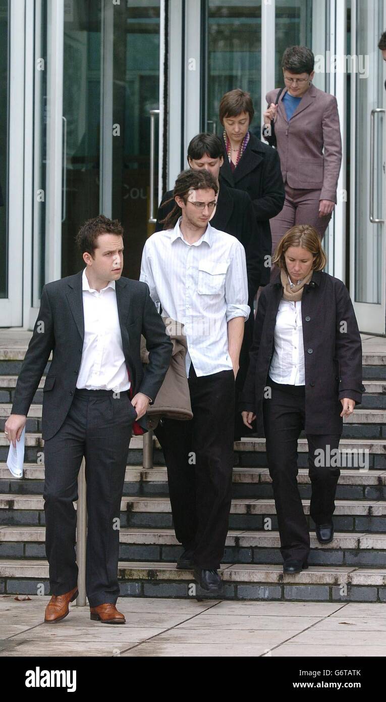 Greenpeace's Ben Ayliffe (front left), from Highbury, north London, with fellow activists and members of the environmental group outside Southampton Magistrates' Court, after being convicted of trespass and criminal damage during a protest at a military port. Judge Woollard found all 14 of the activists guilty of aggravated trespass. He found that four were also guilty of criminal damage. Stock Photo